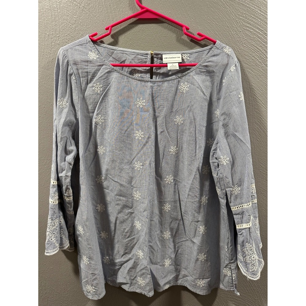 Liz Claiborne Blue White Pinstripe Floral Embroidered Eyelet Blouse Large